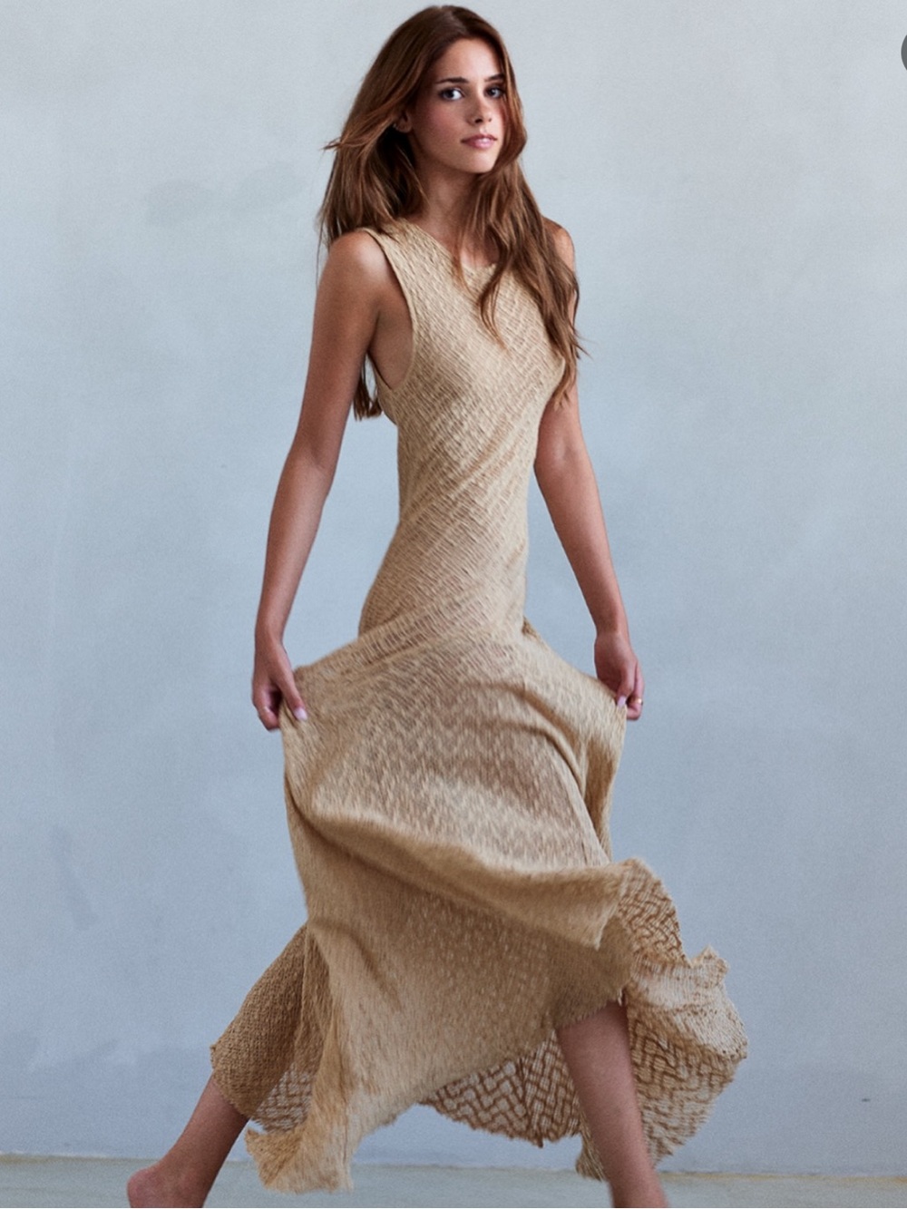 Zara Sleeveless Textured Long Lace Maxi Dress in Dark Straw